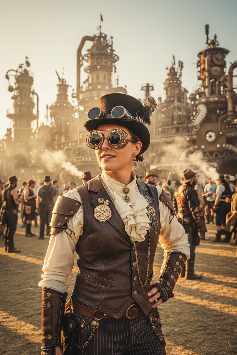 Steampunk metal round sunglasses worn at a festival in golden hour light