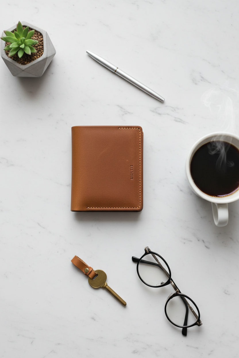 Slim foldable leather wallet flat lay on marble with coffee and minimal accessories