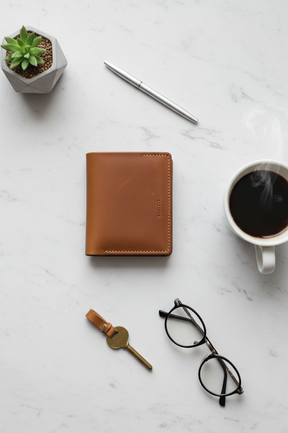 Slim foldable leather wallet flat lay on marble with coffee and minimal accessories